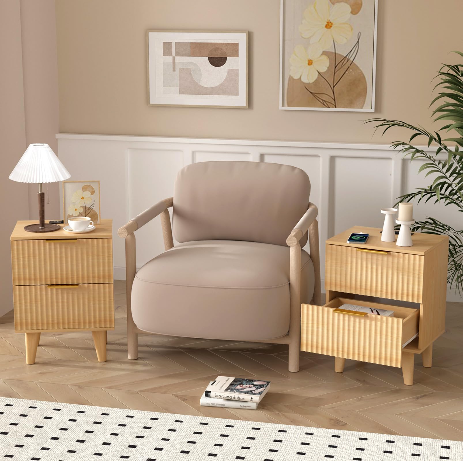 Nightstand Set of 2, Mid Century Modern End Table with 2 Fluted Drawers